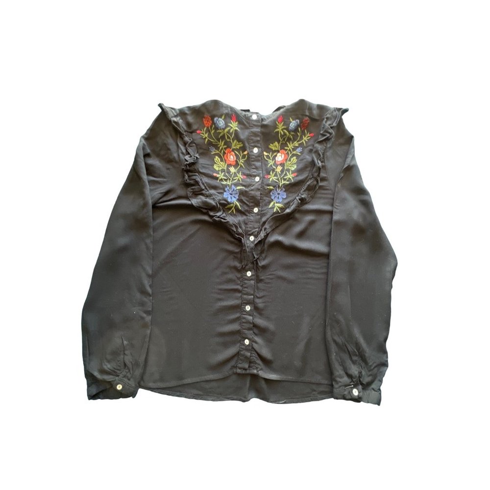 Love Tree Chambray Flower Embroidered Button Down Women Long sleeve Shirt Large